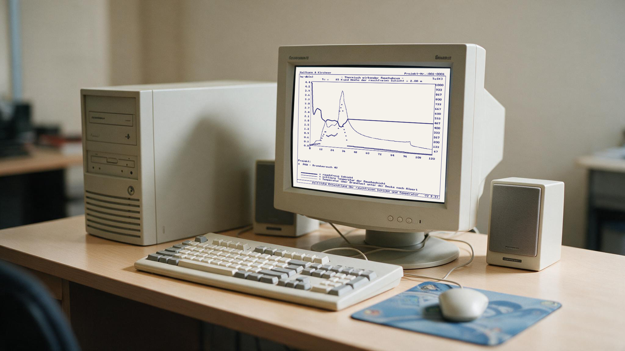 Alter Computer mit Brandsimulationsdaten
